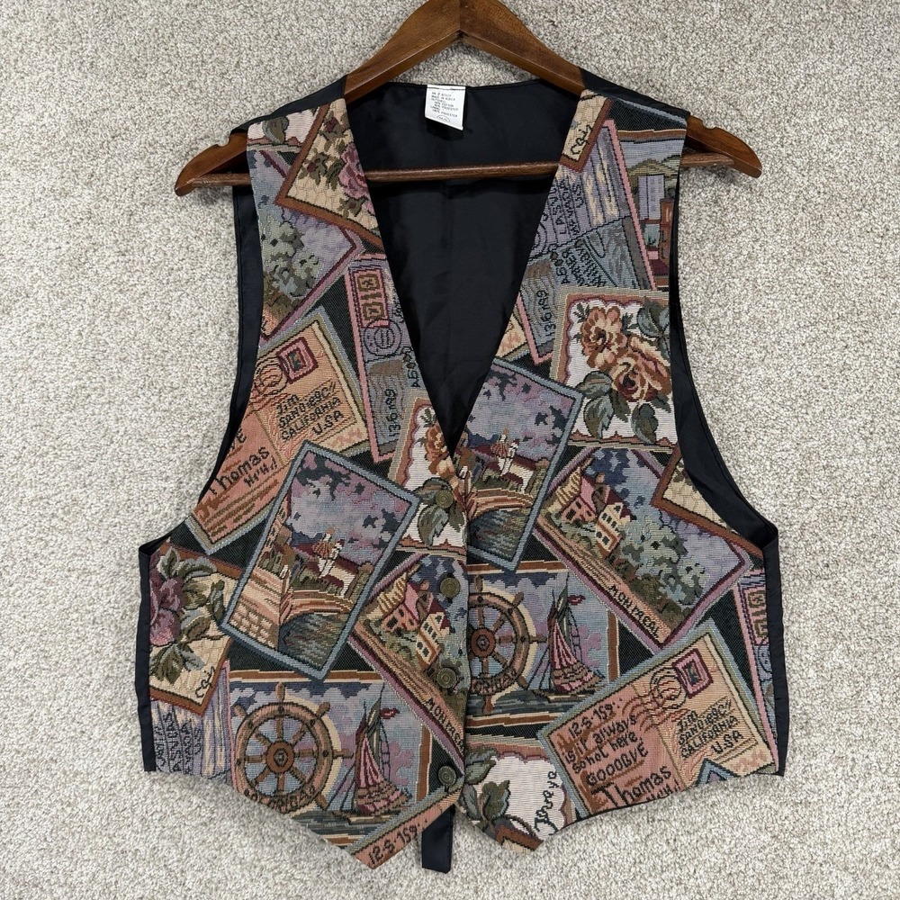 Vintage Travel Passport Nautical Postcard Tapestry Vest  M/L Unisex Cottage Core
